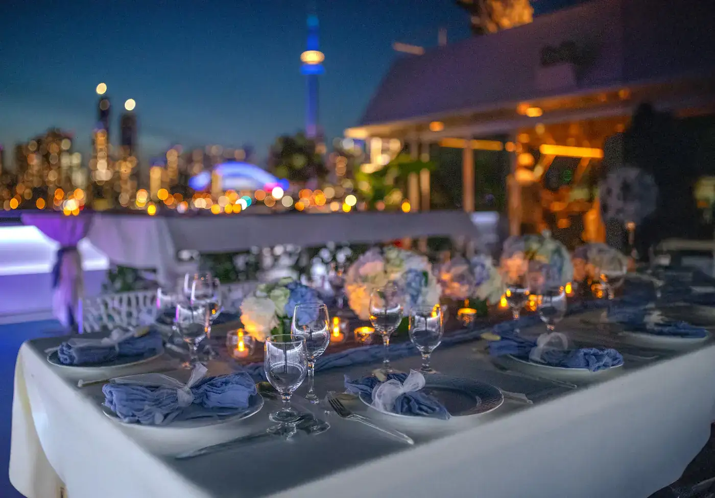 An elegant dinner setup on the upper deck